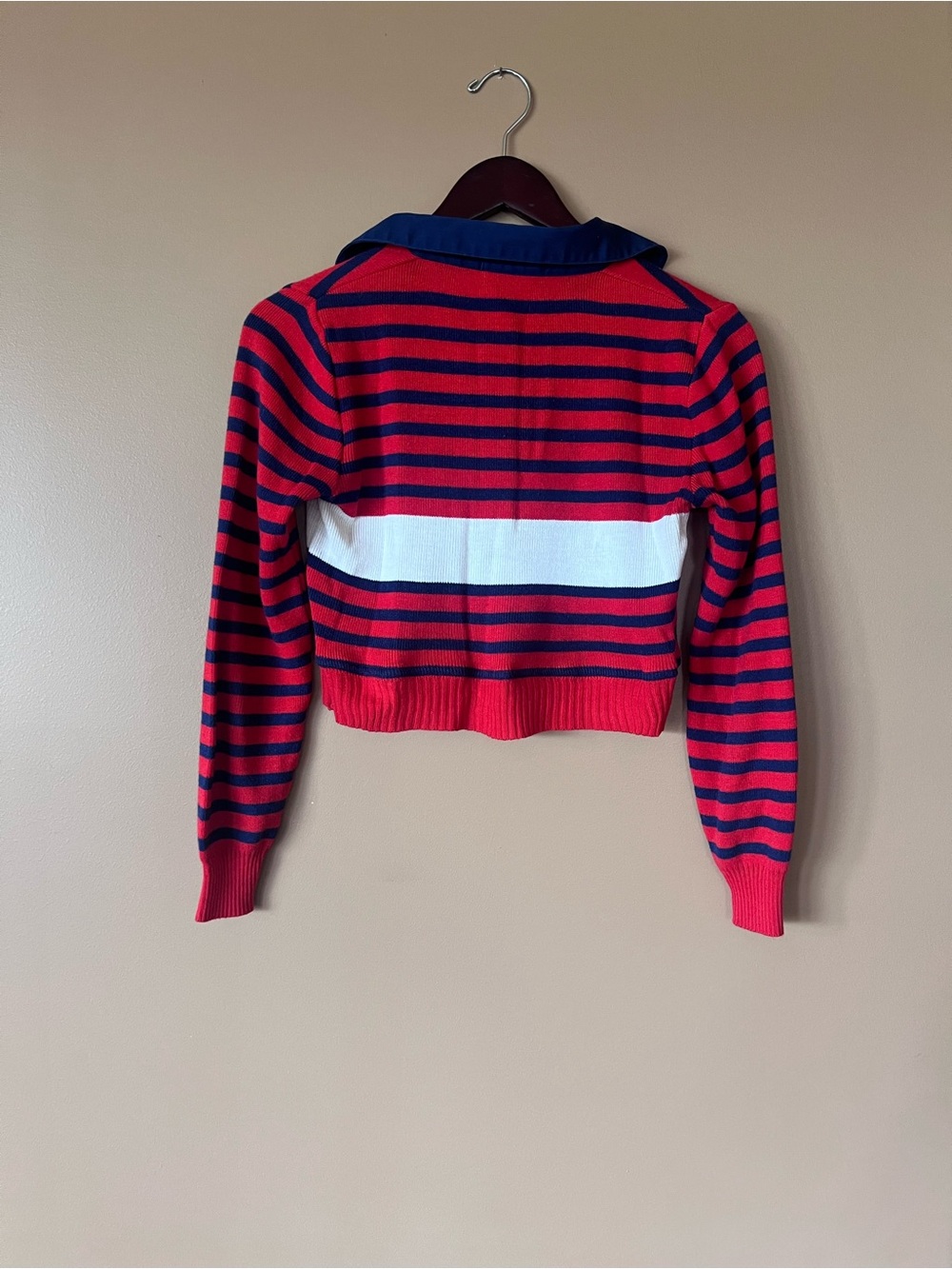 Vintage Red and Navy Striped Cropped Polo Sweater with White Stripe - Picture 2 of 2